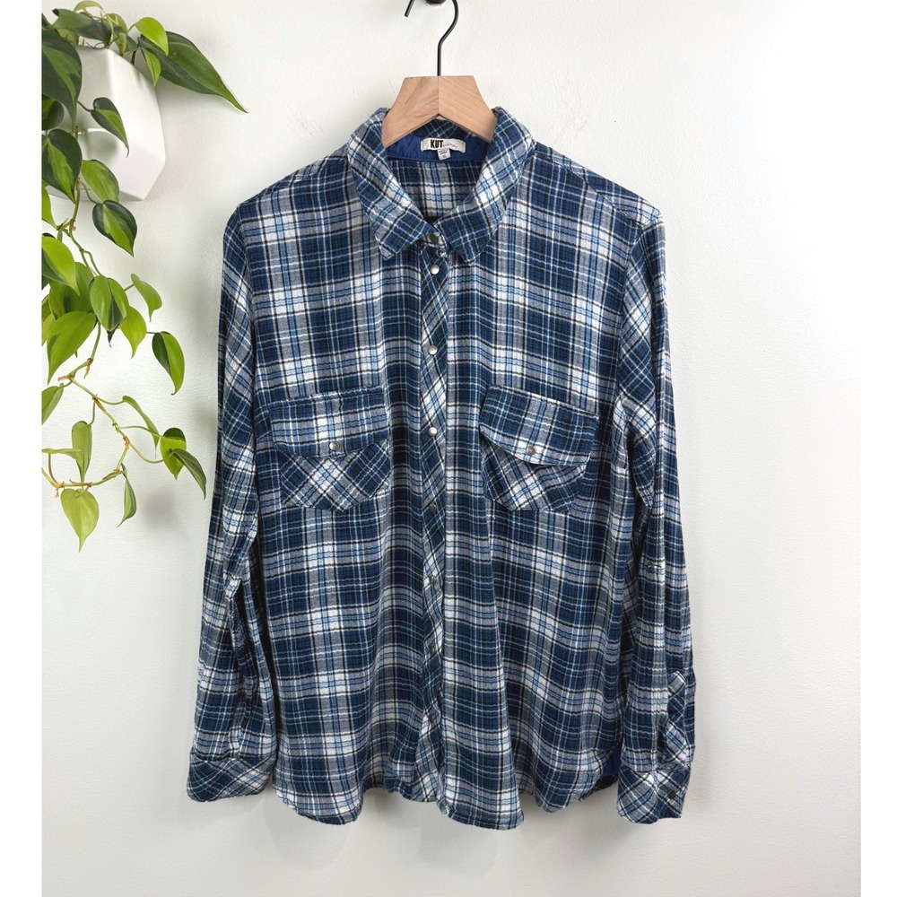 KUT from the Kloth Womens XL Blue Plaid Flannel Snap Button Down Roll Tab Shirt